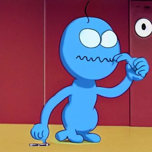 Image similar to still image of hyper realistic mr. meeseeks as a guest star on seinfeld, cinematic ( 1 9 9 4 )