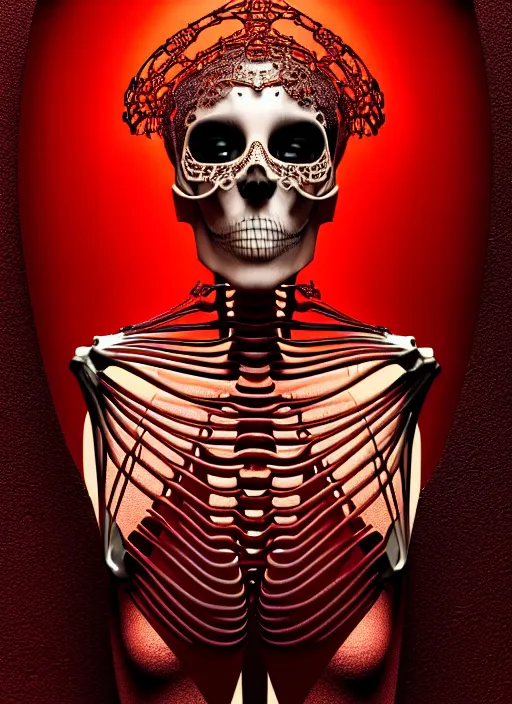 Prompt: portrait of an absurdly beautiful, graceful, sophisticated, fashionable futuristic female skeleton with sections of skin showing, glowing internal light, hyperdetailed illustration by irakli nadar and alexandre ferra, intricate linework, faberge, intricate chrome headdress, dark atmosphere, glowing red eyes, unreal engine 5 highly rendered, global illumination, radiant light, detailed and intricate environment