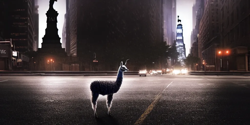 Image similar to a llama walking through a desolate manhattan city street at night, statue of liberty seen in the background, realistic 4 k octane beautifully detailed render, 4 k post - processing, highly detailed, detailed face, intricate complexity, epic composition, magical atmosphere, cinematic lighting, masterpiece, color picture, ultra hd