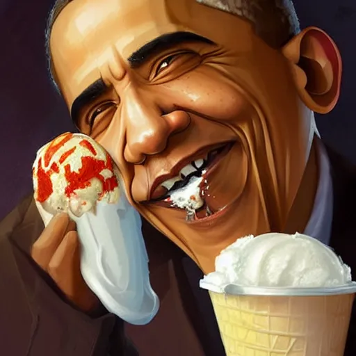 Prompt: Obama missing half his jaw and licking ice cream, Greg Rutkowski