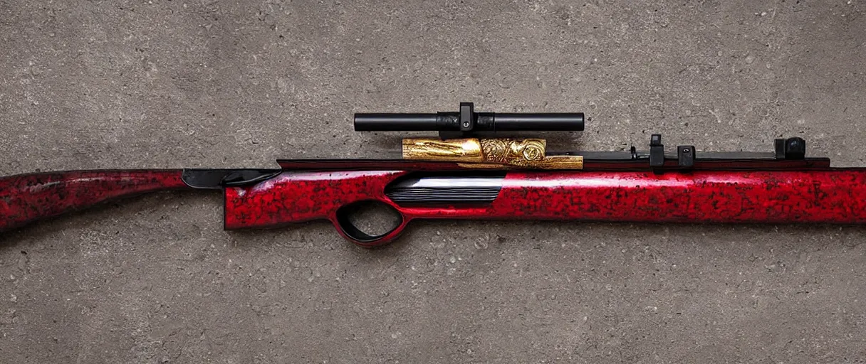 Image similar to a shotgun made from glossy red - painted wood and elements of gold metalwork