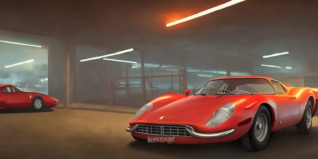 Image similar to a wholesome animation key shot of a focused old ferrari car parked in an multi-storey car park, medium shot, waist up, studio Ghibli, Pixar and Disney animation, sharp, very detailed, high resolution, Rendered in Unreal Engine 5, anime key art by Greg Rutkowski, Bloom, dramatic lighting