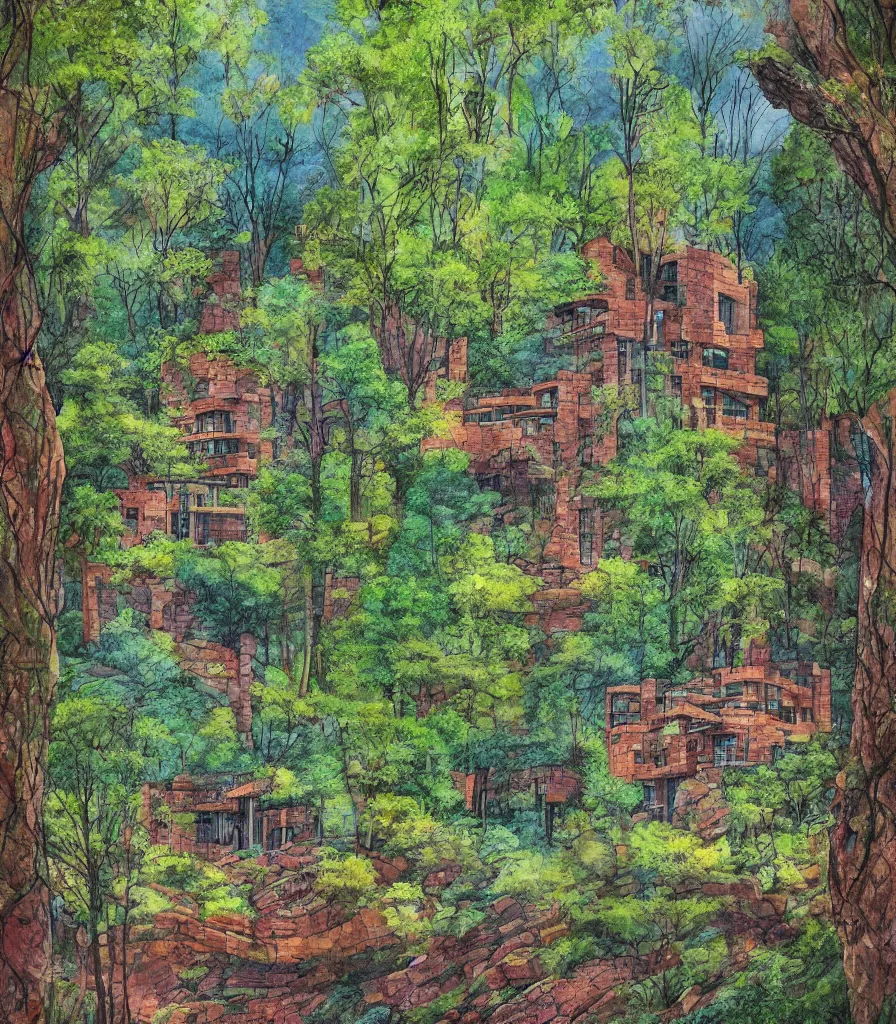 Prompt: of a green spring mountain athmosphere with beautiful forest permeated by a magical river showing a multistory house in the architect style of frank loyd wright made out of natural stone bricks from the distance with mythical european mountains in the background, artstudio, colorful in the art style of Kerry Milligan