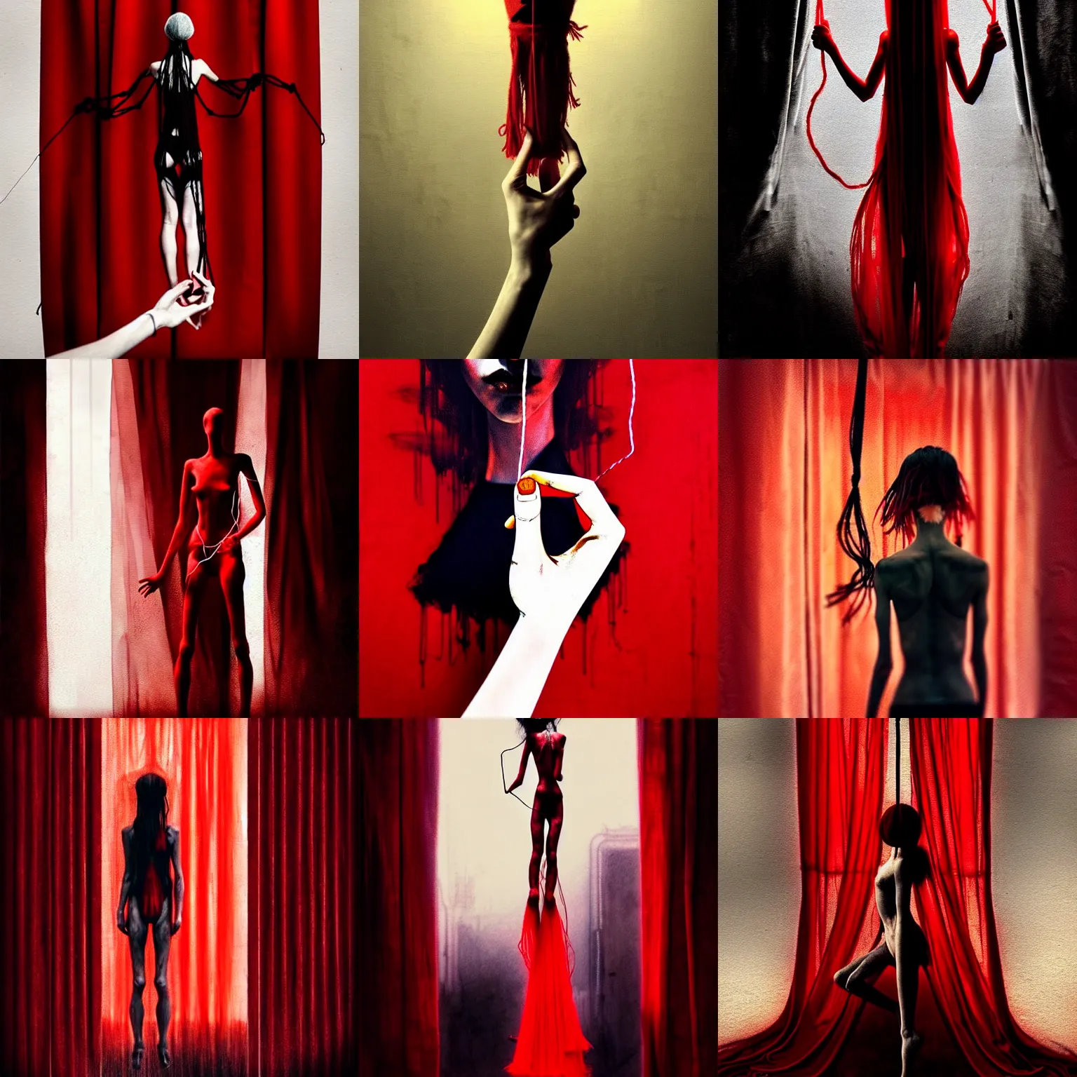 Prompt: hand holding string puppet behind red curtains, by Conrad Roset and Brooke Shaden and Nicola Samuri , medium shot, rule of thirds, seductive look, beautiful, intricate, dystopian, sci-fi, extremely detailed, digital painting, artstation, concept art, smooth, sharp focus, intimidating lighting, incredible art, details visible, very dark ambiance