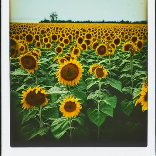 Prompt: polaroid photo of a field with sunflowers
