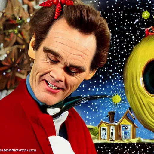 Prompt: the eyes of Jim Carrey literally melting, it\'s Christmas and wholesome, Jean-Luc Piccard watches on. They are on the Starship Cottage. In the style of Salvador Dali.