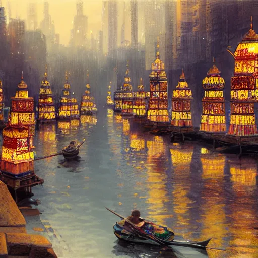 Prompt: concept art, river lanterns on the eve of ullambana festival, high resolution, by james gurney, king sejong, yi jeong, yi jing, artstation