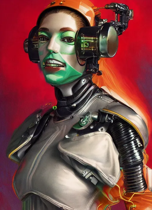 Prompt: symmetry!!! closeup portrait of a cyborg vape girl, fashion racing jumpsuit with shiny shoulder pads, grin, cinematic light, windy, red green, volumetric smoke, mist, by gerald brom, by mikhail vrubel, by peter elson, muted colors, extreme detail, trending on artstation, 8 k