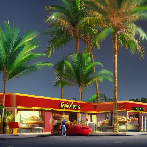 Image similar to fast food restaurant with palm trees, concept art, octane render