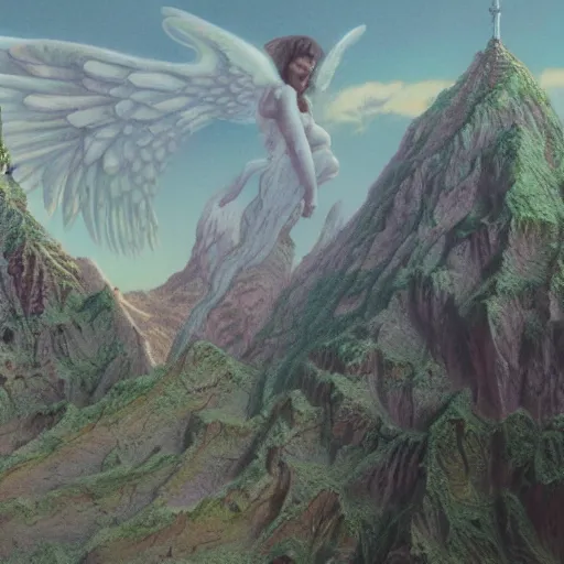 Prompt: of a matte painting of divine mountainscreen by simon bisley, trending on artstation, fine detailing abandoned angelic lagoon crayola crayon, by joe jusko and mike winkelmann, polar