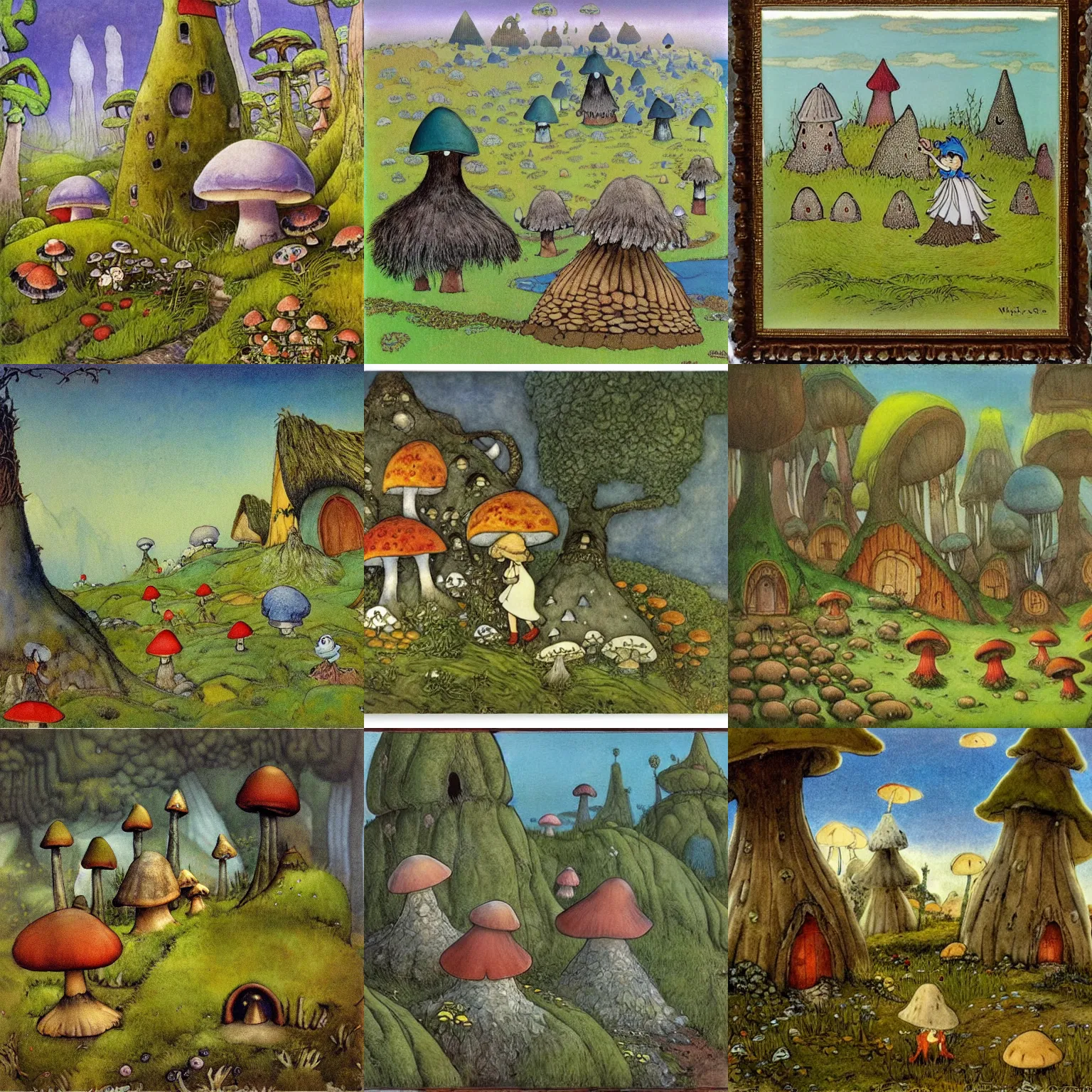 Prompt: fairytale landscape with mushroom houses in the style of wimmelbilder and the smurfs, a troll creature by John Bauer walking