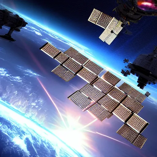 Image similar to Earth defenses 2350, space satellites, lasers firing, space station, missiles,weapons arrays, explosions, bright thin lasers, beautiful lighting