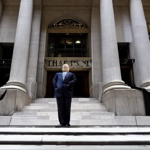 Image similar to warren buffet as thanos standing outside wall street stock exchange, reality, realistic, detailed, 8 k, award winning, wide shot,