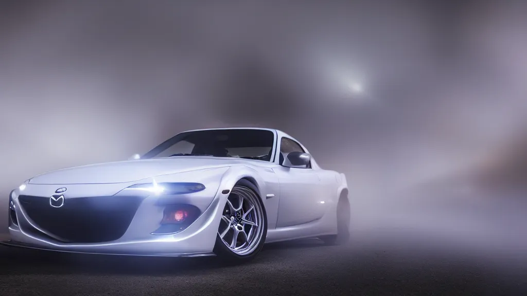 Image similar to mazda rx 7 mazda with pop up headlights, cinematic, long exposure, white balance, 8 k, led, lumen global illumination, fog, ray tracing reflections