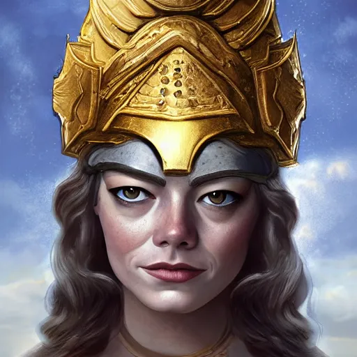 Image similar to tiny Emma Stone as ancient greek woman in golden helmet standing on giant grey-haired bearded male face in the sky, epic fantasy style art, fantasy epic digital art