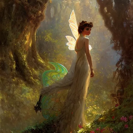 Prompt: audrey hepburn as a winged fairy in a fantasy forest, various backgrounds, highly detailed, digital painting, artstation, matte, illustration, art by gaston bussiere, greg rutkowski