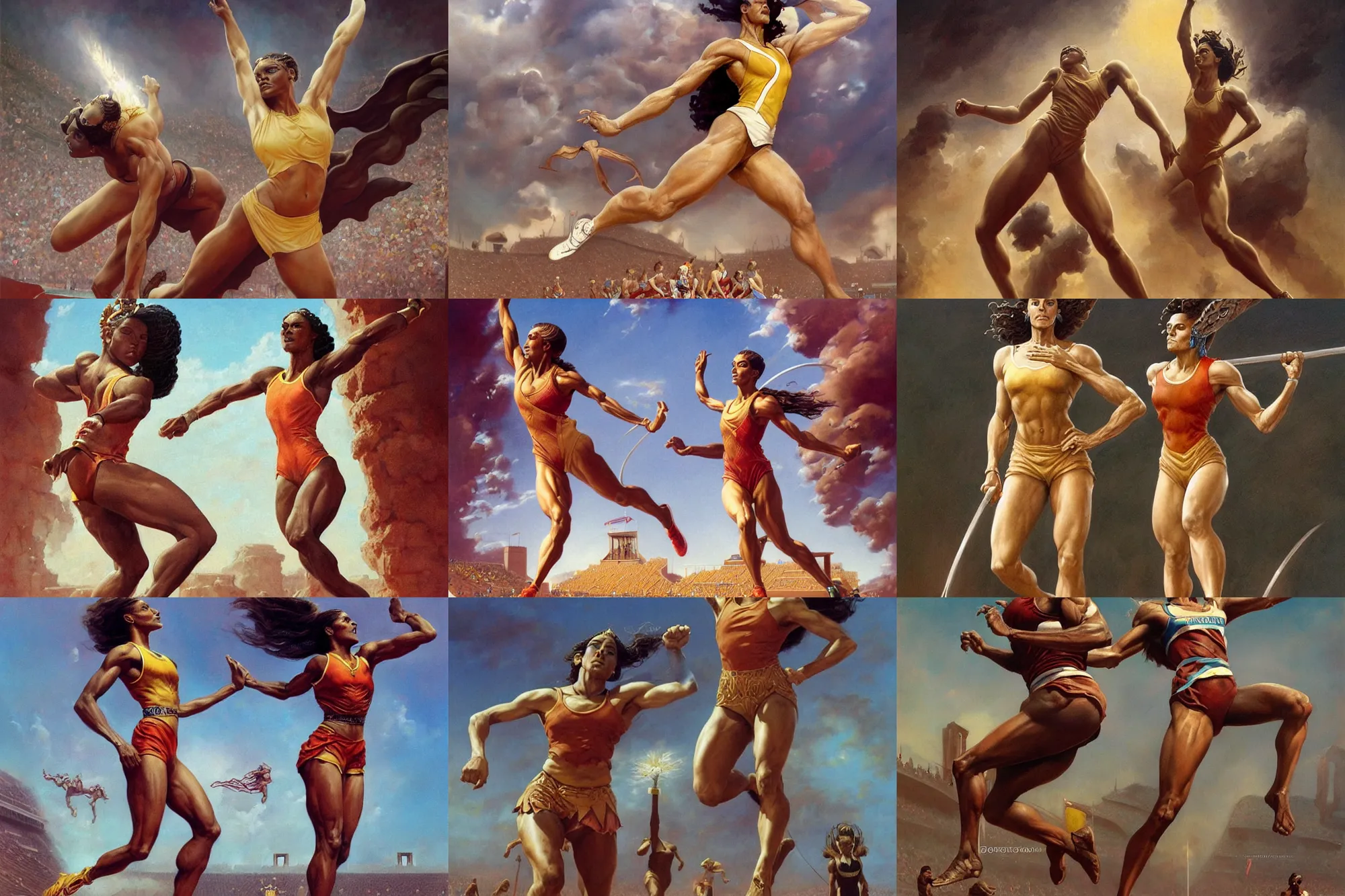 Prompt: A full length portrait of a goddess competing in track and field at the first olympic games, by Boris Vallejo, Greg Rutkowski, Frank Frazetta, epic fantasy character art, very very beautiful, olympus, Exquisite detail, post-processing, masterpiece, cinematic, coliseum
