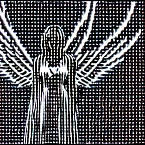 Image similar to vhs static overlay of angel apparition, vhs, 1 9 9 0, highly realistic, highly detailed, vhs noise static, black and white, vhs glitch