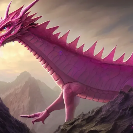 Prompt: concept art, matte painting of a magical pink dragon with fantasy light blue eyes, detailed portrait, irisdecent, holographic, shot on 7 0 mm, vray tracing, playstation 5 graphics, high quality, 8 k hd, greg rutkowski, rossdraws, thomas kinkade, trending on artstation, deviantart, pixiv, sketchfab