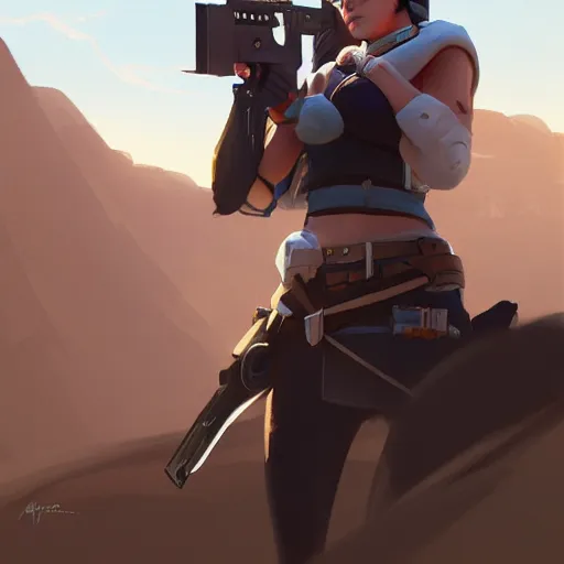 Image similar to very detailed masterpiece painting of ashe from overwatch in a desert, portrait, artstation, concept art by greg rutkowski