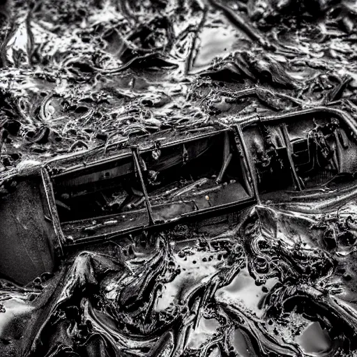 Image similar to crashed cargo ship leaking mysterious black gooey liquid, mysterious black slime, black gooey liquid leaking out of crashed cargo ship, apocalyptic, ruined, container ship, crashed, 8 5 mm f / 1. 4