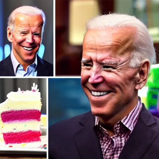 Prompt: obese joe biden eating rainbowcake