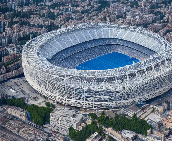 Prompt: 4 k hd, high detail photograph of the santiago bernabeu stadium from above, shot with sigma f / 4. 2, 2 5 0 mm sharp lens, wide shot, consistent, isometric view, volumetric lighting, high level texture render