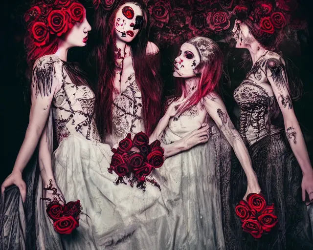 Prompt: three stunning otherworldly gothic goddesses of beauty wearing psychedelic wicca and skulls, in wedding dresses, red neon roses, full body, dark and mysterious, atmospheric, ominous, eerie, cinematic light, epic, 8 k 3 d, ultra detail, ultra realistic, by giger, by wlop