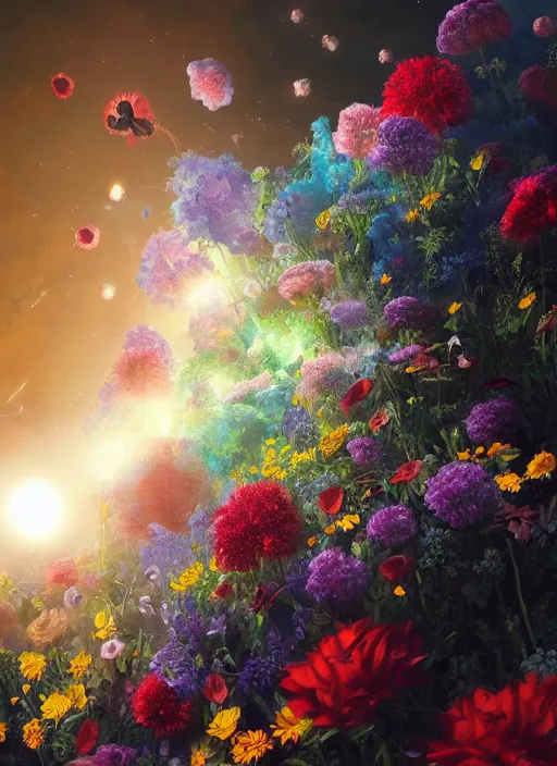 Image similar to An epic fantastic realism comic book style painting of the most beautiful flowers launched into space, bouquets, solar eclipse, fisheye, unreal 5, DAZ, hyperrealistic, octane render, dynamic lighting