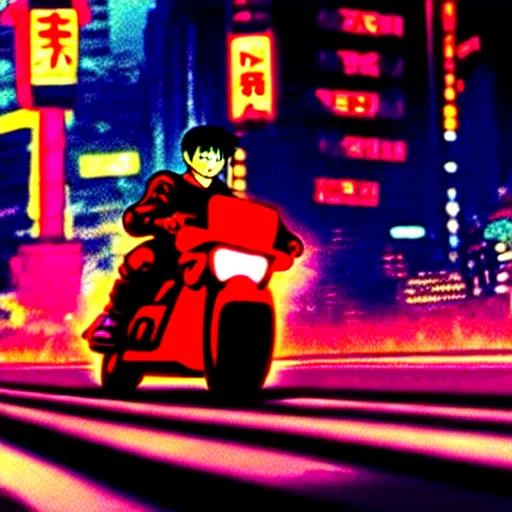 Image similar to kaneda on his motorcycle in neo tokyo looking for akira, night, neon lights, speed, art by katsuhiro otomo, ultra detailed, 8 k