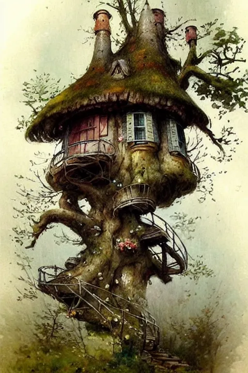 Image similar to (((((1950s fairy tale cottage tree house castle . muted colors.))))) by Jean-Baptiste Monge !!!!!!!!!!!!!!!!!!!!!!!!!!!