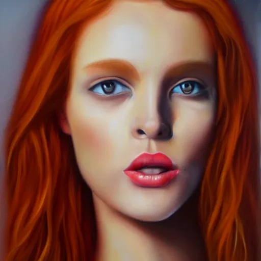 Prompt: hyperrealism oil painting of redhead emotional fashion model portrait