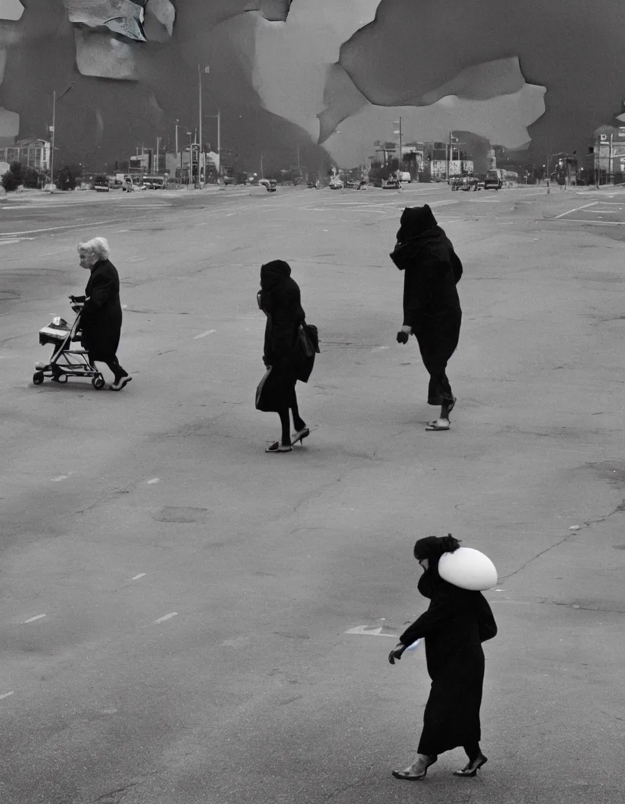 Prompt: Elderly woman crossing the street with a walker, nuclear mushroom cloud in the background, black and white photo by Annie Leibovitz