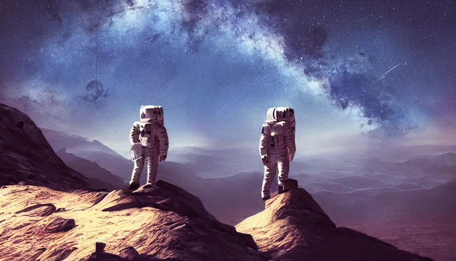 Image similar to american astronaut standing on a top of a mountain, mid shot,, starry night, moonlit, cinematic lighting, atmospheric, realistic, octane render, highly detailed, color graded, in the style of craig mullins