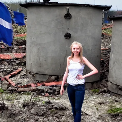 Image similar to slavic happy blond girl standing in front of remains of house and tanks with russian flags