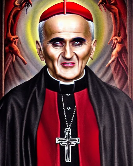 Prompt: photorealist painting of demonic catholic cardinal aloysius stepinac, gothic, horror, vivid dark colors, high production value, intricate details, high resolution, hyperrealistic, hdr, high definition, masterpiece, ultra realistic, highly detailed, hd, sharp focus, non blurry, sharp, smooth