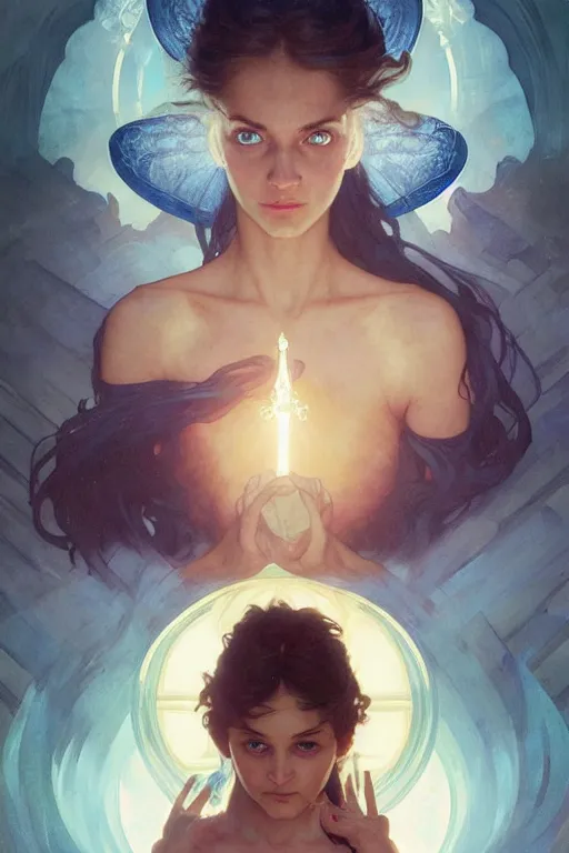 Prompt: bright cube above a portrait of a beautiful dark mystical woman, ice blue eyes, artstation, concept art, smooth, sharp focus, illustration, art by artgerm and greg rutkowski and alphonse mucha and william - adolphe bouguereau