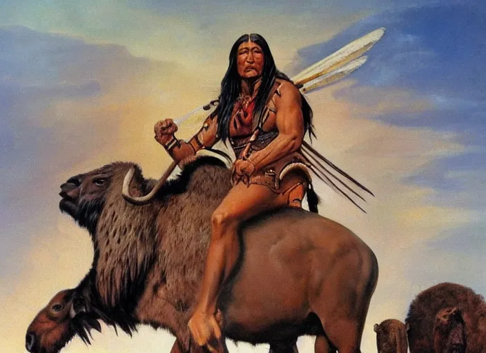 Prompt: powerful native american warrior!! beautiful native american sitting on bison, buffalo, painted by frank frazetta