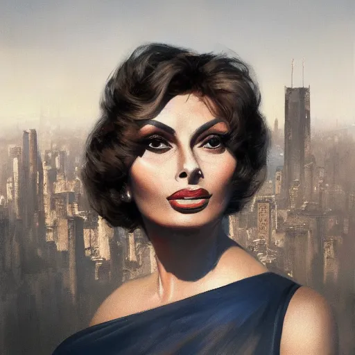 Prompt: closeup portrait of a young sophia loren, 1 9 2 0 s, femme fatale, city background, megacity, high fantasy, dramatic light, gorgeous view, depth, high detail, digital art, painted by greg rutkowski, trending on artstation