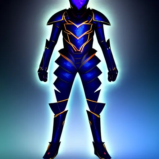 Image similar to High Fantasy Kamen Rider, single character full body, 4k, glowing eyes, daytime, rubber suit, dark blue segmented armor, dragon inspired armor, centered