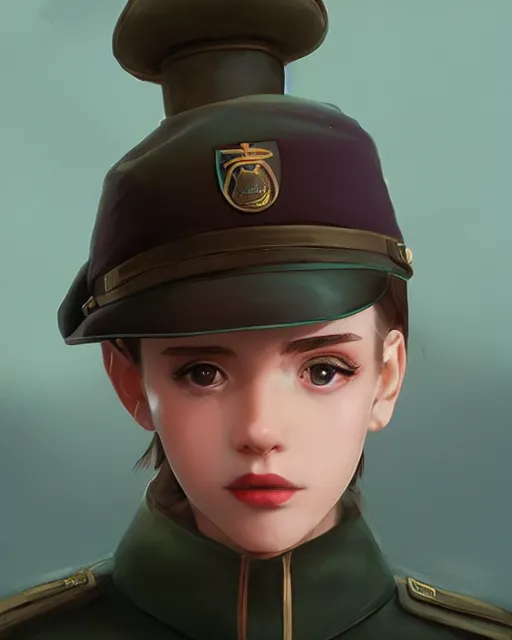 Prompt: symmetrical portrait bust of young woman with shoulder length light brown hair and hazel eyes dressed in a sharp dark teal military uniform and beret, blurred city background in twilight lighting, ilya kuvshinov, anime, greg rutkowski, guweiz, ross tran, artstation trending, artgerm, concept art, digital painting, painterly