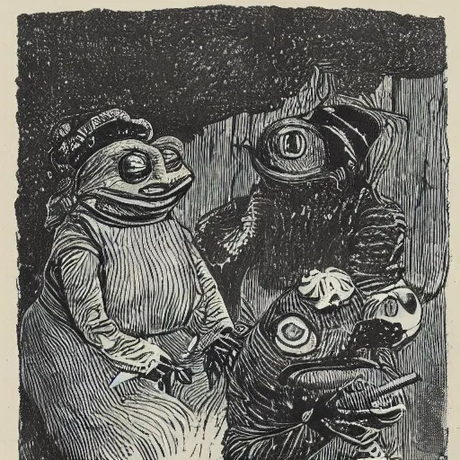 Image similar to julenisse, lavenisse, pepe the frog, by theodor severin kittelsen, kjell aukrust, ink drawing, dip pen