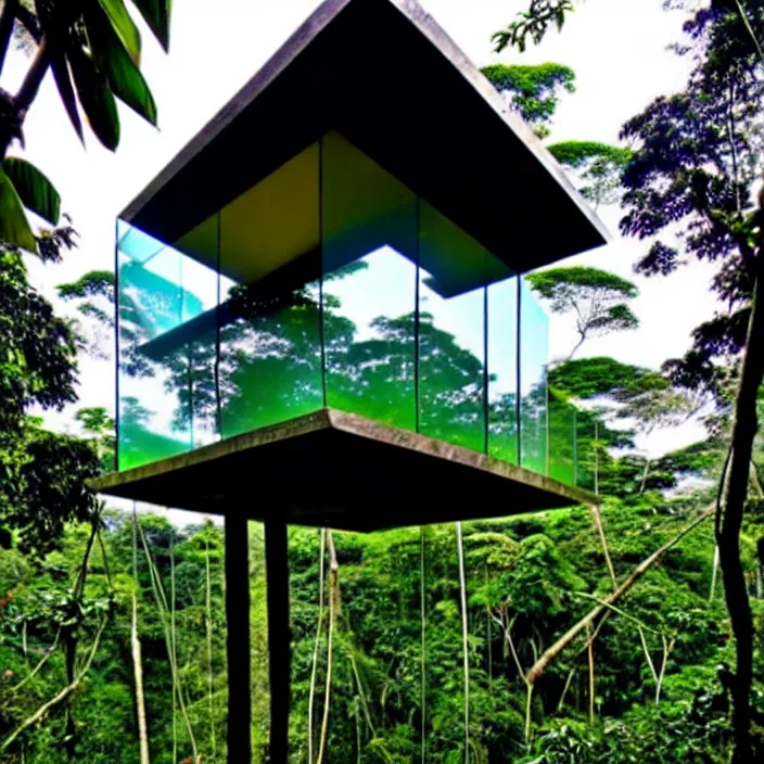Prompt: cantilevered glass treehouse in the amazon jungle