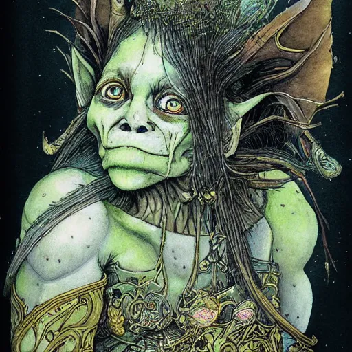 Image similar to portrait of ethereal young goblin princess in golden armour by Ian Miller