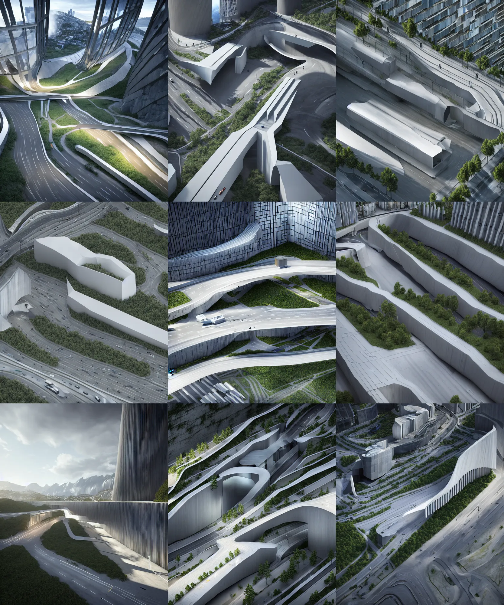 Prompt: denis villeneuve establishing shot of modern bjarke ingels condo building and gotthard tunnel entrance combined, roads tunnel under bjarke ingels condo building, lush environment, ray traced sunny raked lighting, scifi artstation digital concept art, unreal engine, hyper realism, realistic shading, cinematic composition, blender render, octane render, wide shot