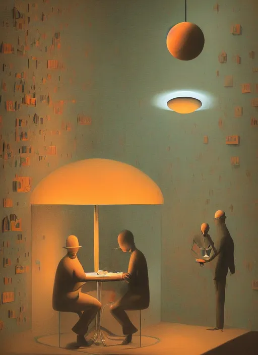 Image similar to spherical paper people at nebula restaurant Edward Hopper and James Gilleard, Zdzislaw Beksinski highly detailed