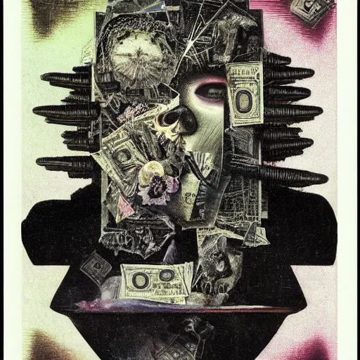Image similar to post - punk new age album cover, asymmetrical design, dollar bank notes, capitalism, magic, apocalypse, psychedelic, black white pastel pink, slightly holographic, magic, giger h. r., giuseppe arcimboldo, peder balke