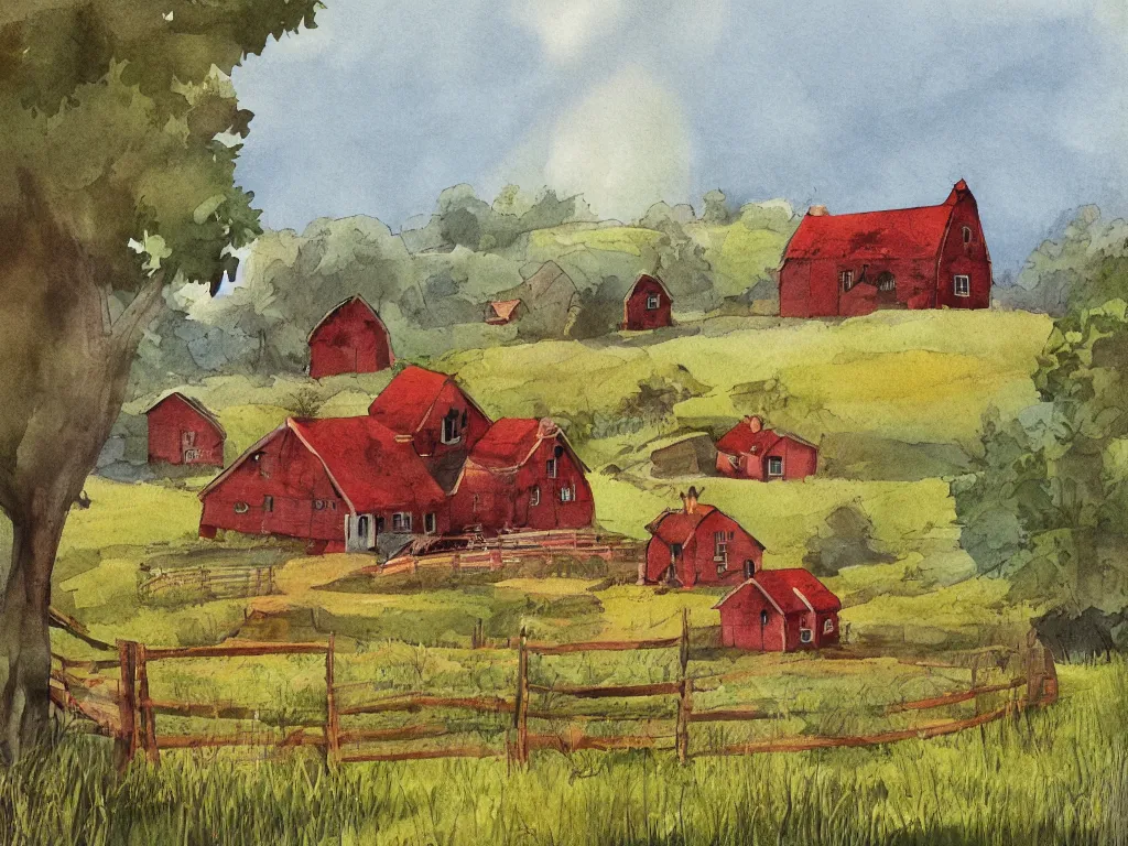 Prompt: a wonderful childrens book illustration of a farm house in the countryside, art by dan gartman, behance, aesthetically pleasing and harmonious warm natural colors