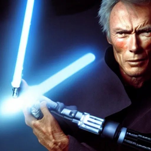 Image similar to clint eastwood holding blue lightsaber in star wars episode 3, 8k resolution, full HD, cinematic lighting, award winning, anatomically correct