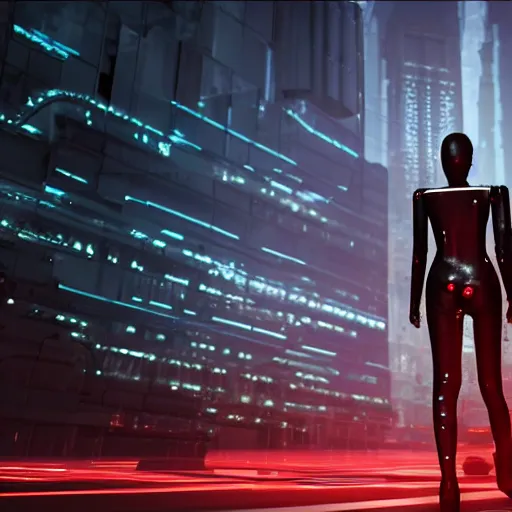 Prompt: photo of a lone terminator woman with borg implants walking in a futuristic city in a dystopian future made of electronic components and looks like a giant pcb board. Very detailed 8k. Unreal engine 5 render with nanite, global illumination and path tracing. Cinematic post processing. Emphasize on the colors black and red.